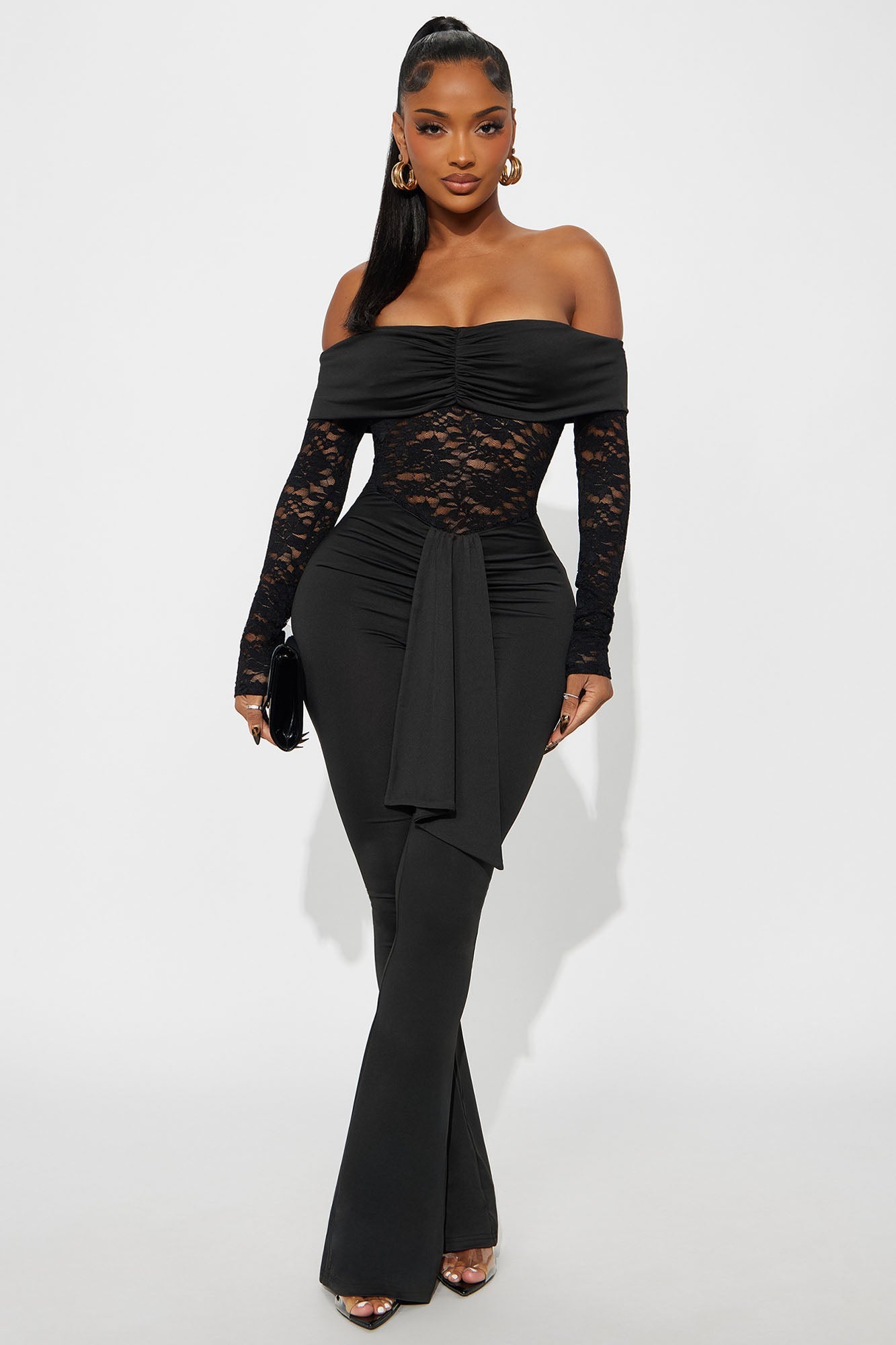 Hands On Lace Off Shoulder Jumpsuit - Black