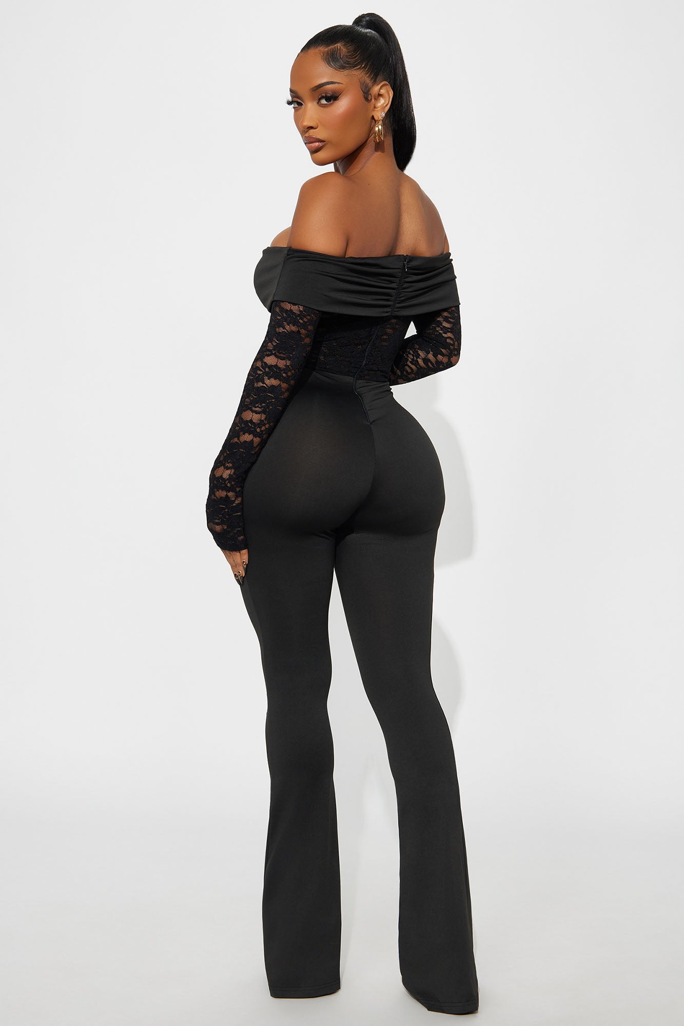 Hands On Lace Off Shoulder Jumpsuit - Black