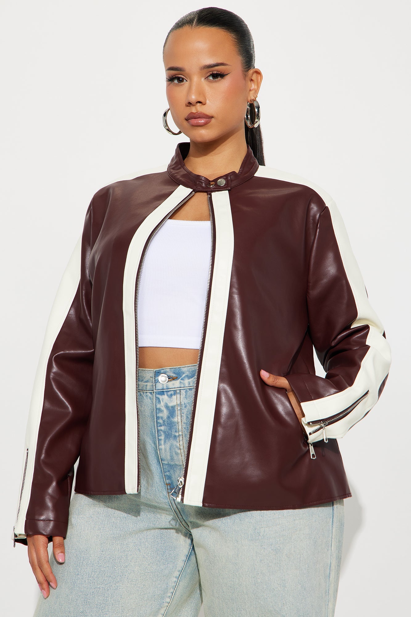 Destiny Faux Leather Moto Jacket - Burgundy/combo