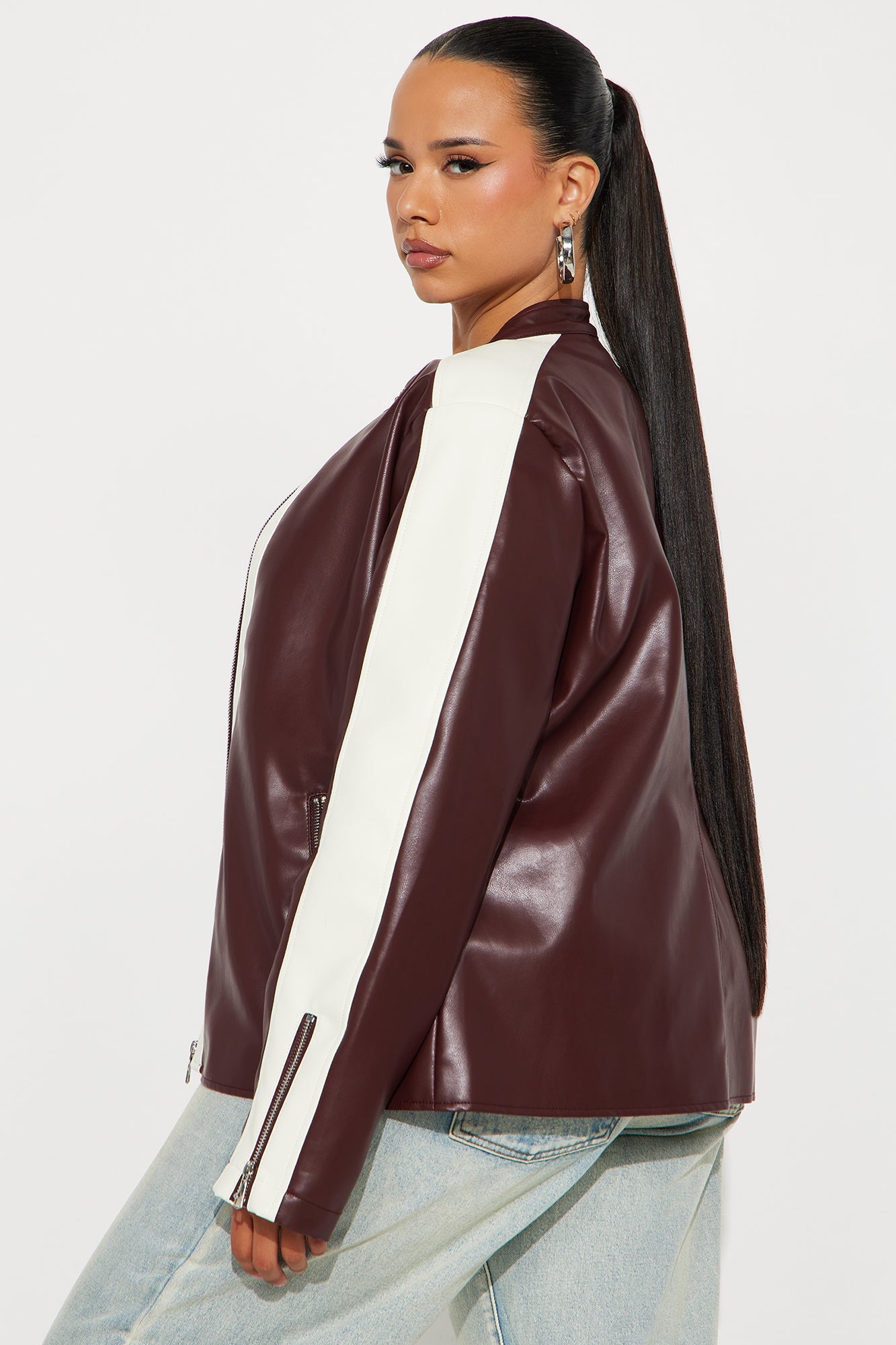 Destiny Faux Leather Moto Jacket - Burgundy/combo