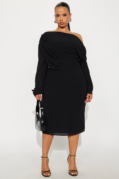 Sneak Peek One Shoulder Chiffon Midi Dress - Black