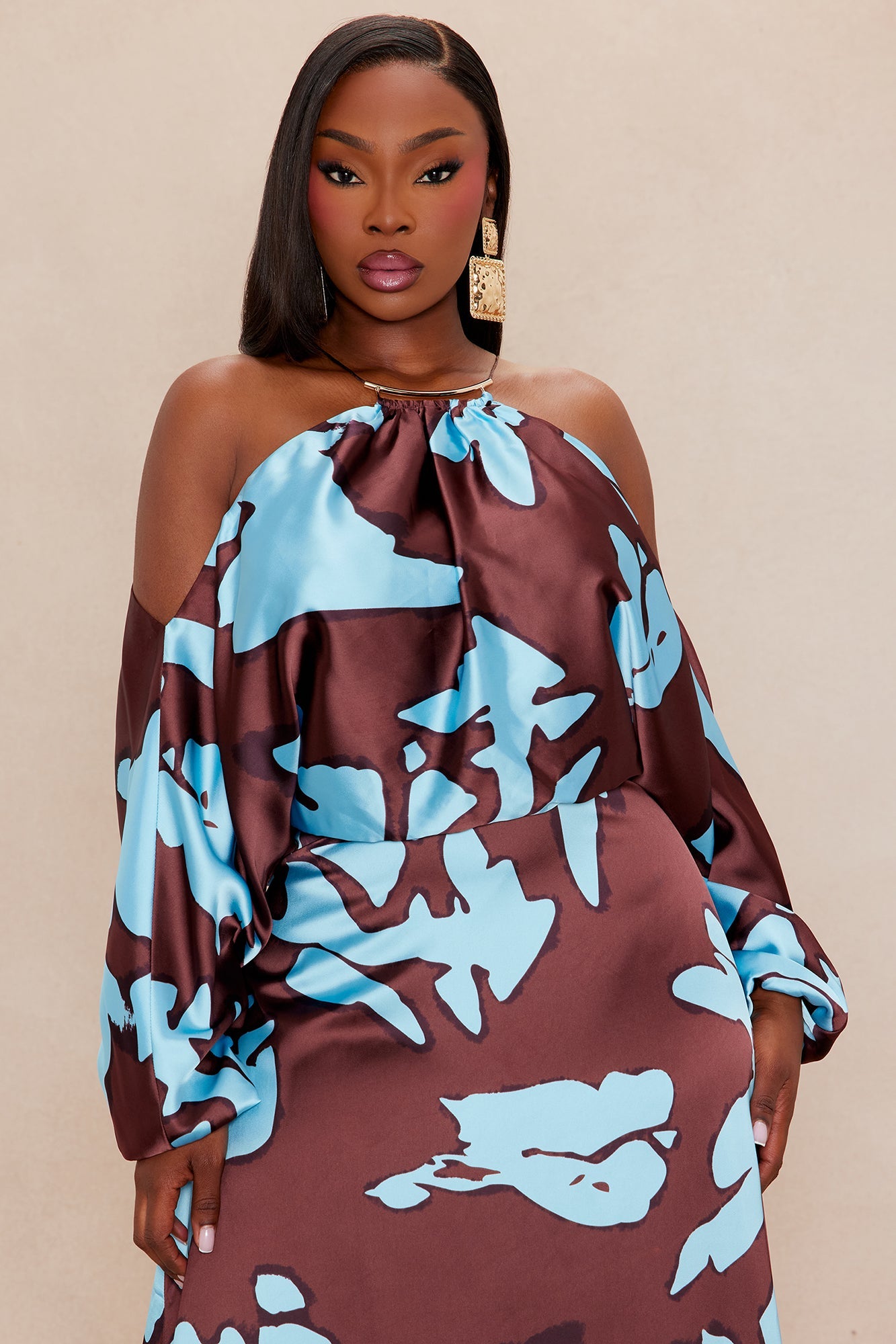 Vikki Satin Maxi Dress - Brown/combo