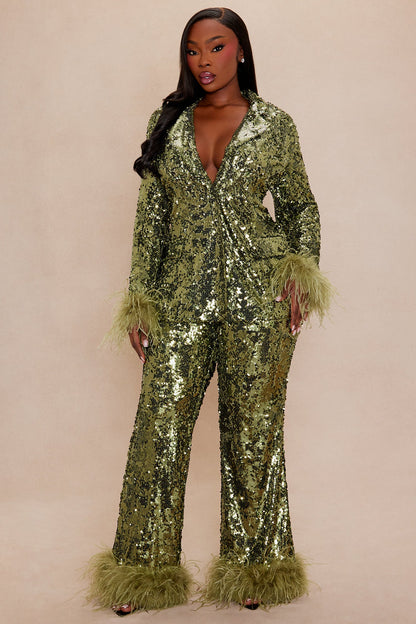 Dania Sequin Feather Blazer - Olive