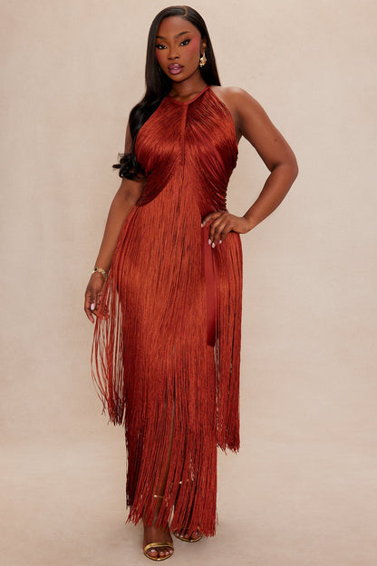 Nolana Fringe Maxi Gown - Rust