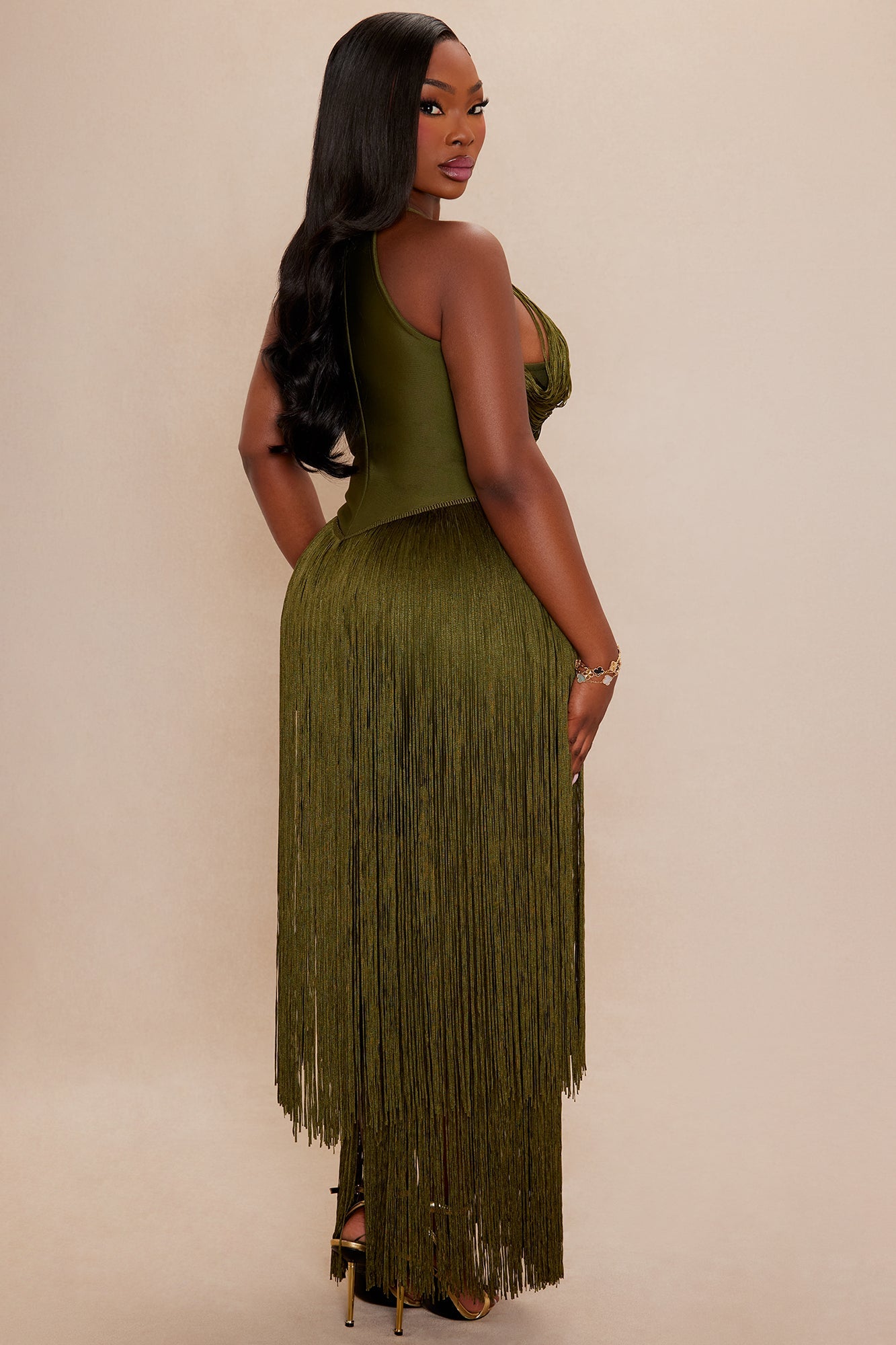 Nolana Fringe Maxi Gown - Olive