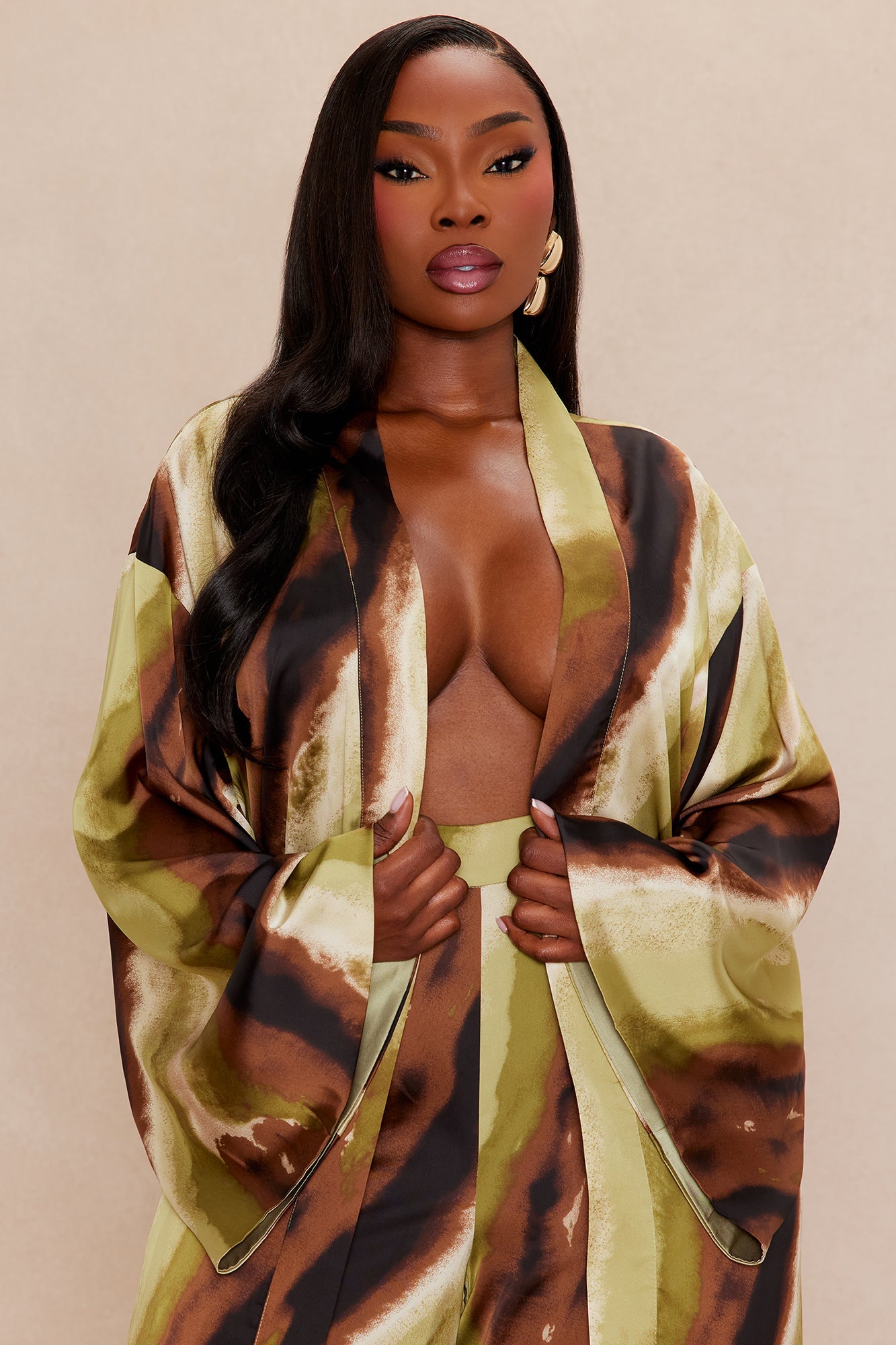 Rae Satin Kimono Set - Green/combo