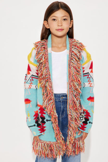 Mini Western Day Fringe Cardigan - Blue/combo
