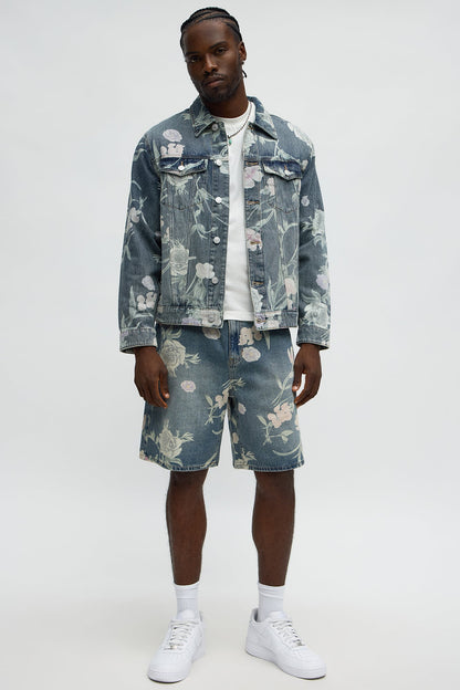 Relaxed Fallen Roses Denim Shorts - Medium Blue Wash