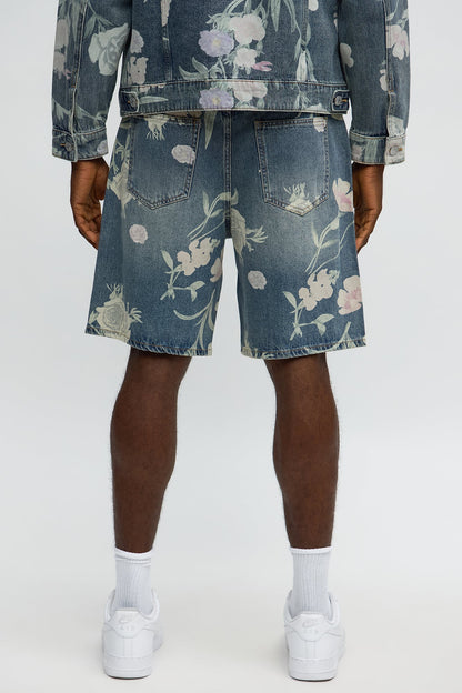 Relaxed Fallen Roses Denim Shorts - Medium Blue Wash