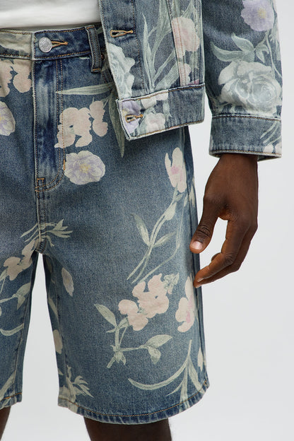 Relaxed Fallen Roses Denim Shorts - Medium Blue Wash