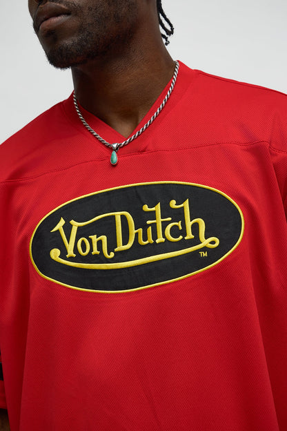 Von Dutch Center Patch V Neck Tee - Red/combo