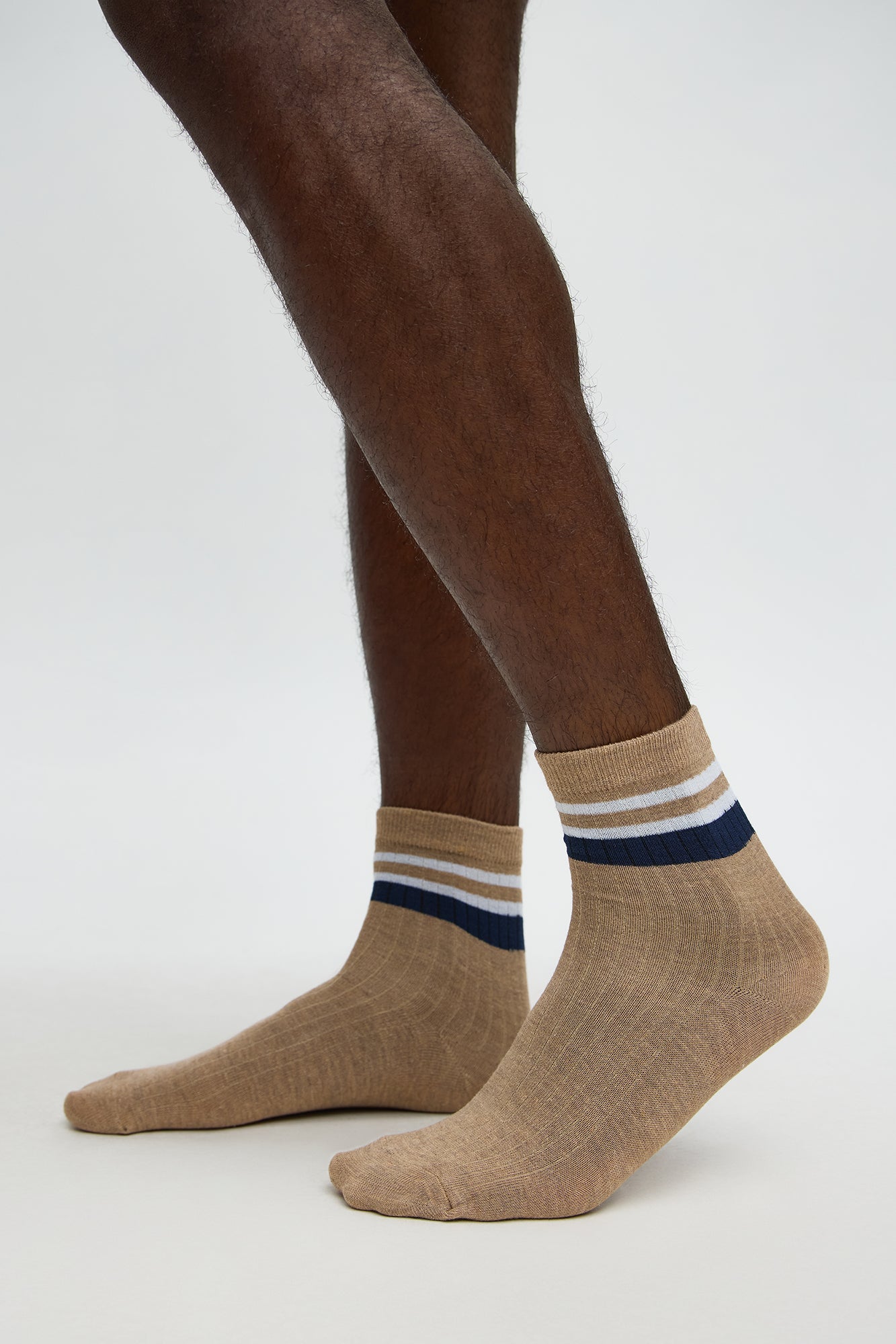 Contrast Stripes Ribbed Crew Sock - Tan