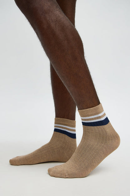 Contrast Stripes Ribbed Crew Sock - Tan