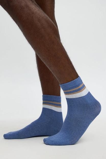 Contrast Stripes Ribbed Crew Sock - Blue/combo