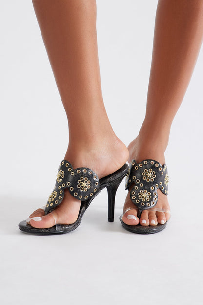 Mandala Studded Thong Heels - Black