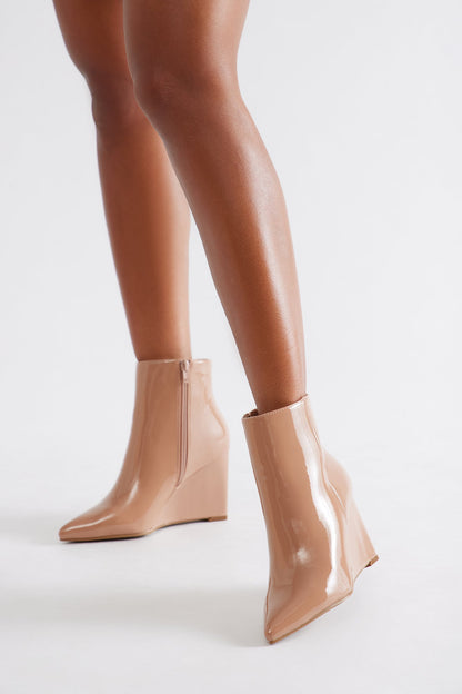 Ricki Faux Patent Wedge Booties - Natural