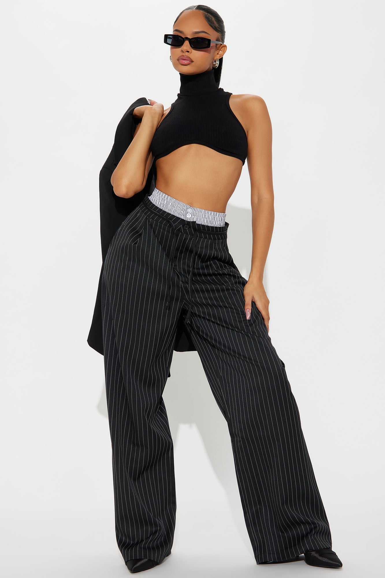 Nathalie Double Waistband Pinstripe Trouser - Black/combo