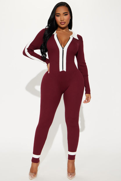 Fall Semester Sweater Jumpsuit - Burgundy