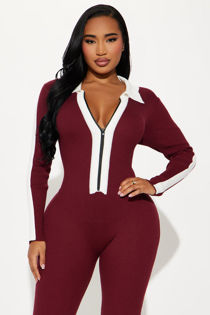 Fall Semester Sweater Jumpsuit - Burgundy
