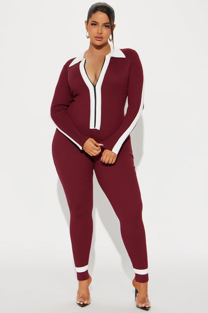 Fall Semester Sweater Jumpsuit - Burgundy