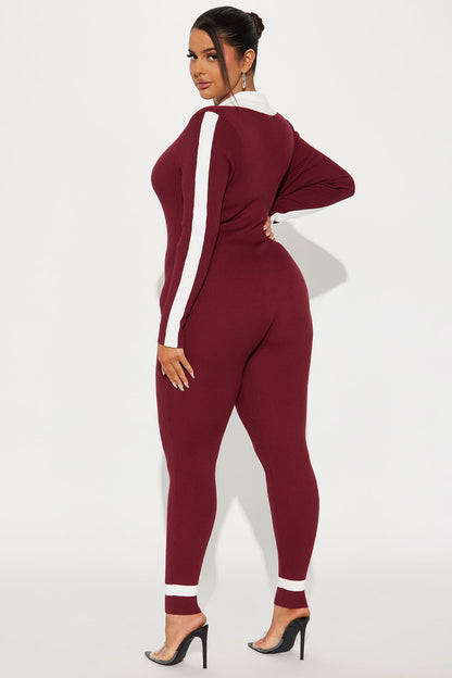 Fall Semester Sweater Jumpsuit - Burgundy