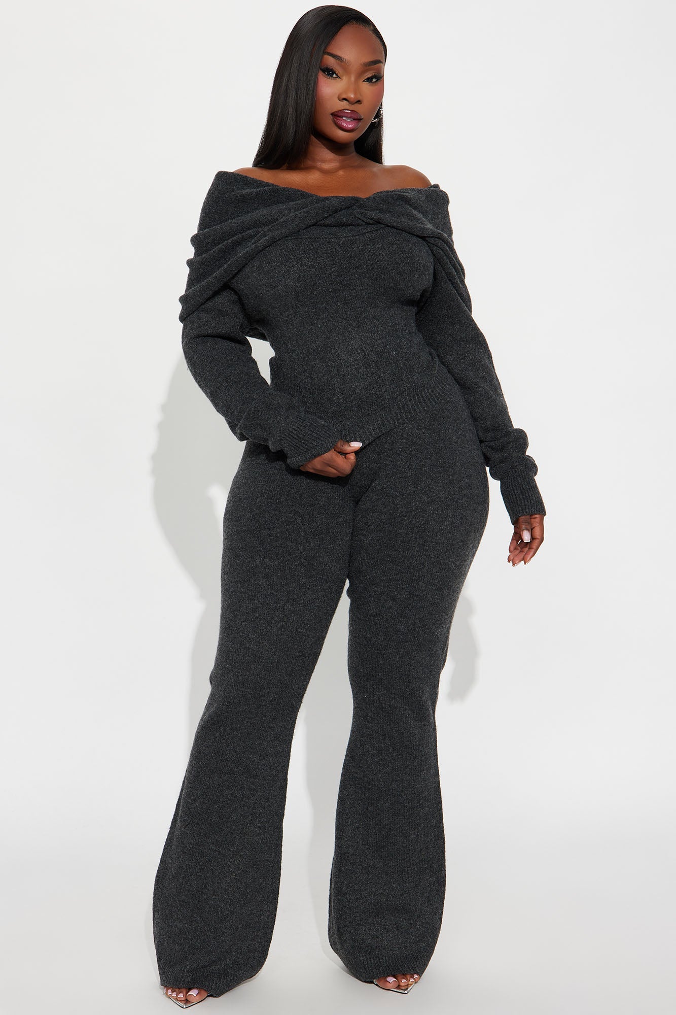 Carolina Off Shoulder Sweater Pant Set - Charcoal