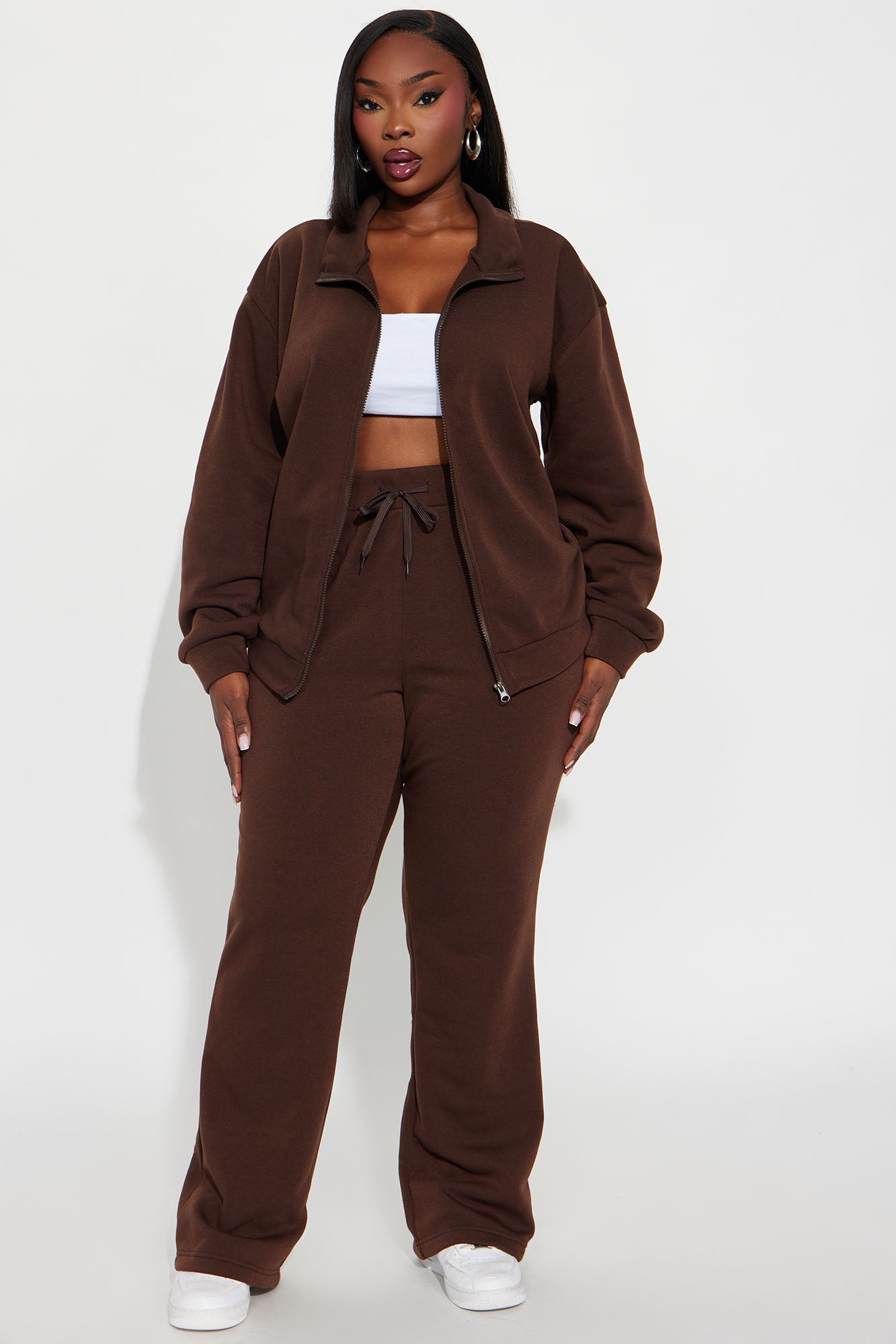 Demi Zip Up Fleece Pant Set - Chocolate