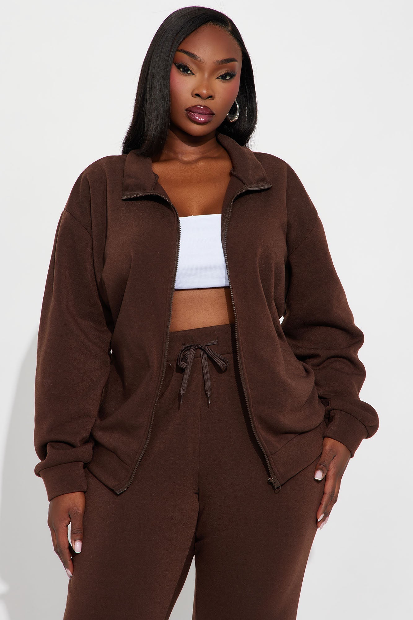Demi Zip Up Fleece Pant Set - Chocolate