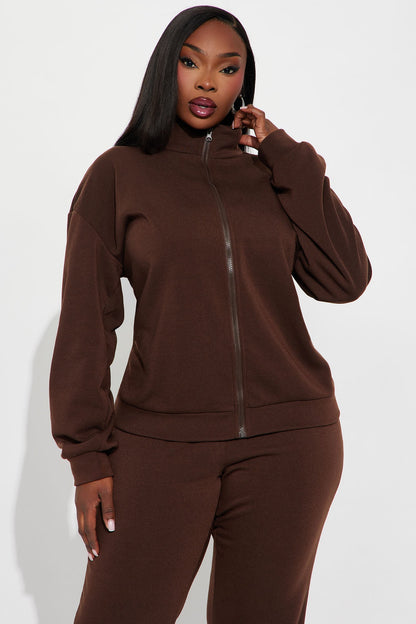 Demi Zip Up Fleece Pant Set - Chocolate