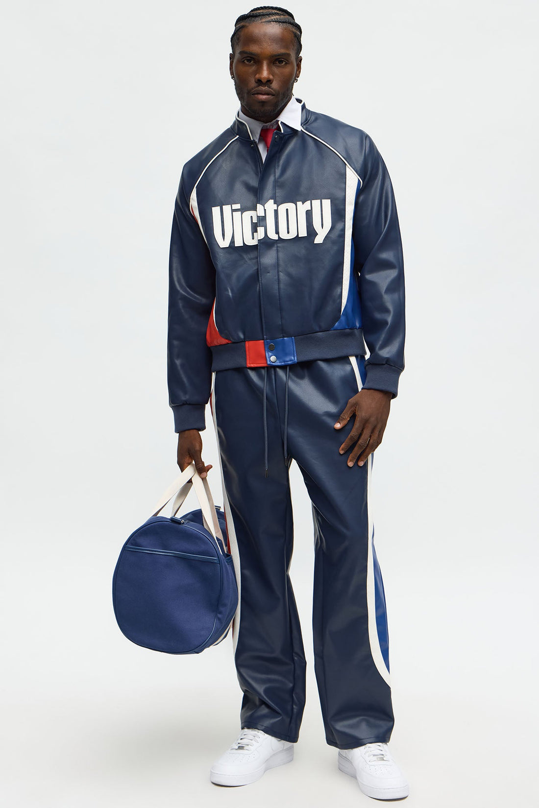 King Faux Leather Moto Bomber Jacket - Navy/combo