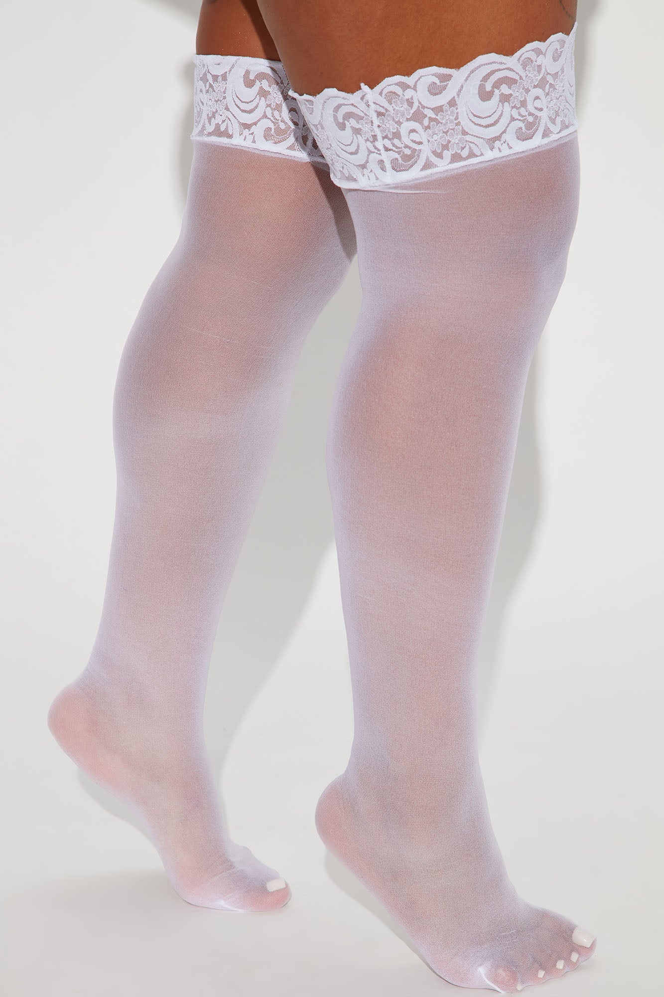 Up All Night Sheer Lace Thigh Highs - White