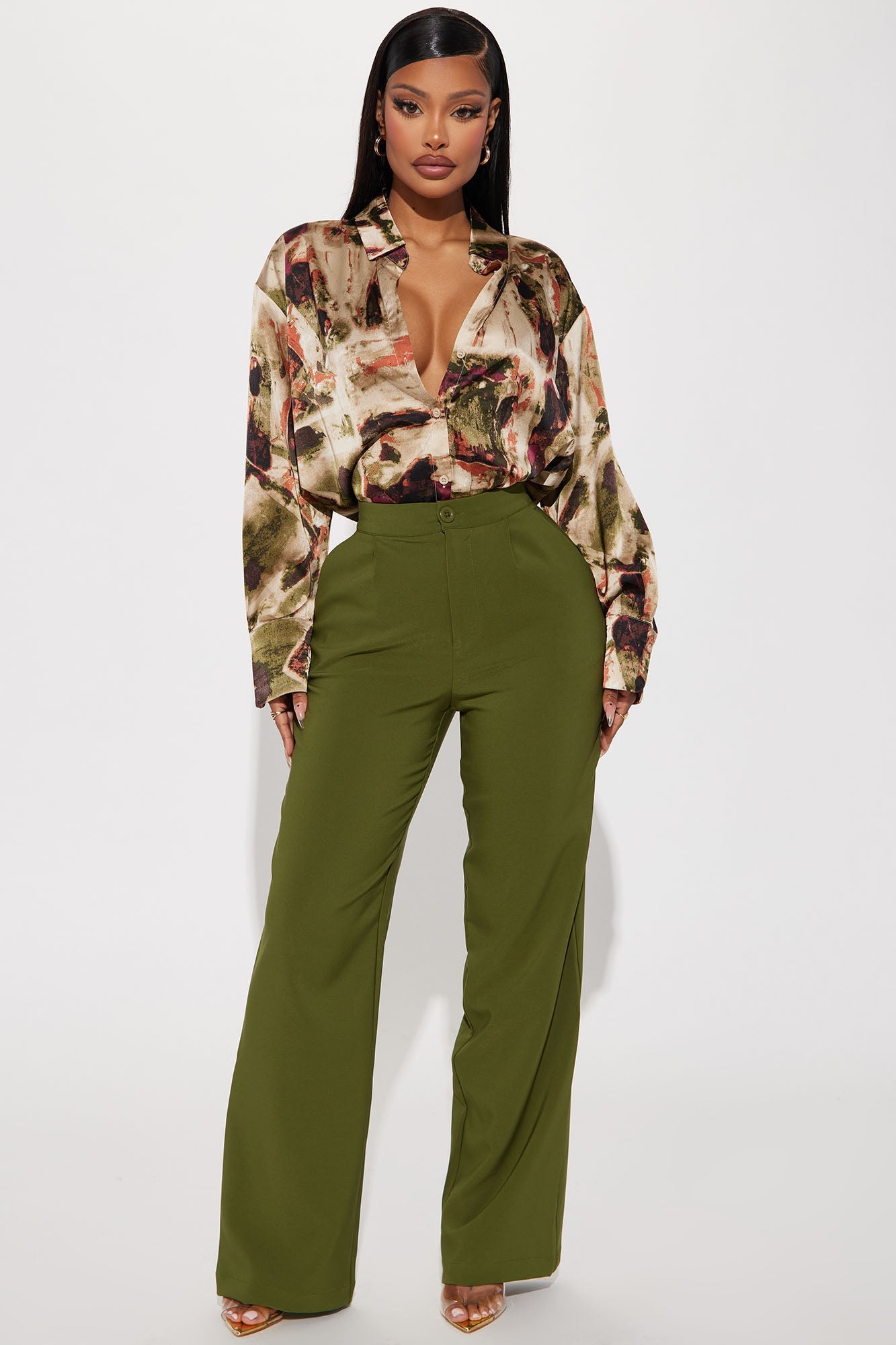 Office Duties Satin Shirt - Green/combo