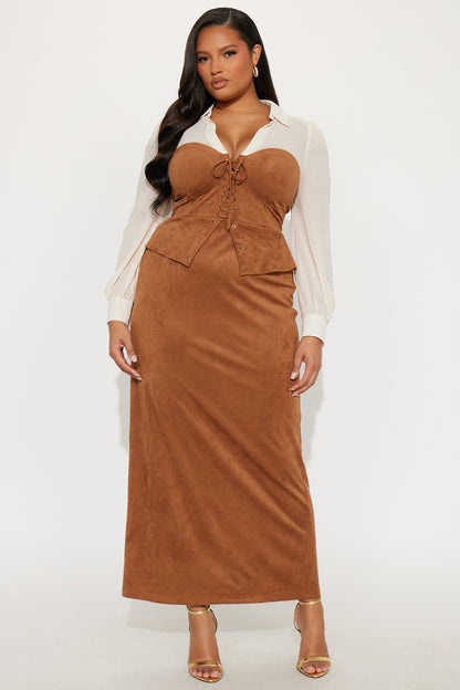 Orian Faux Suede Maxi COrset Shirt Dress - Brown/combo