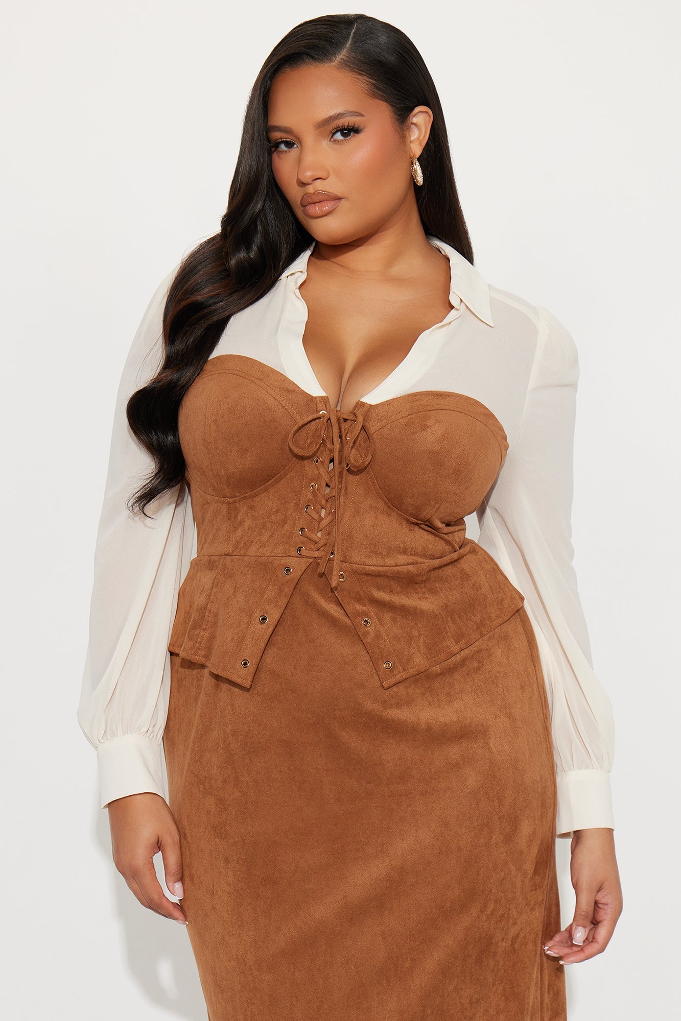 Orian Faux Suede Maxi COrset Shirt Dress - Brown/combo