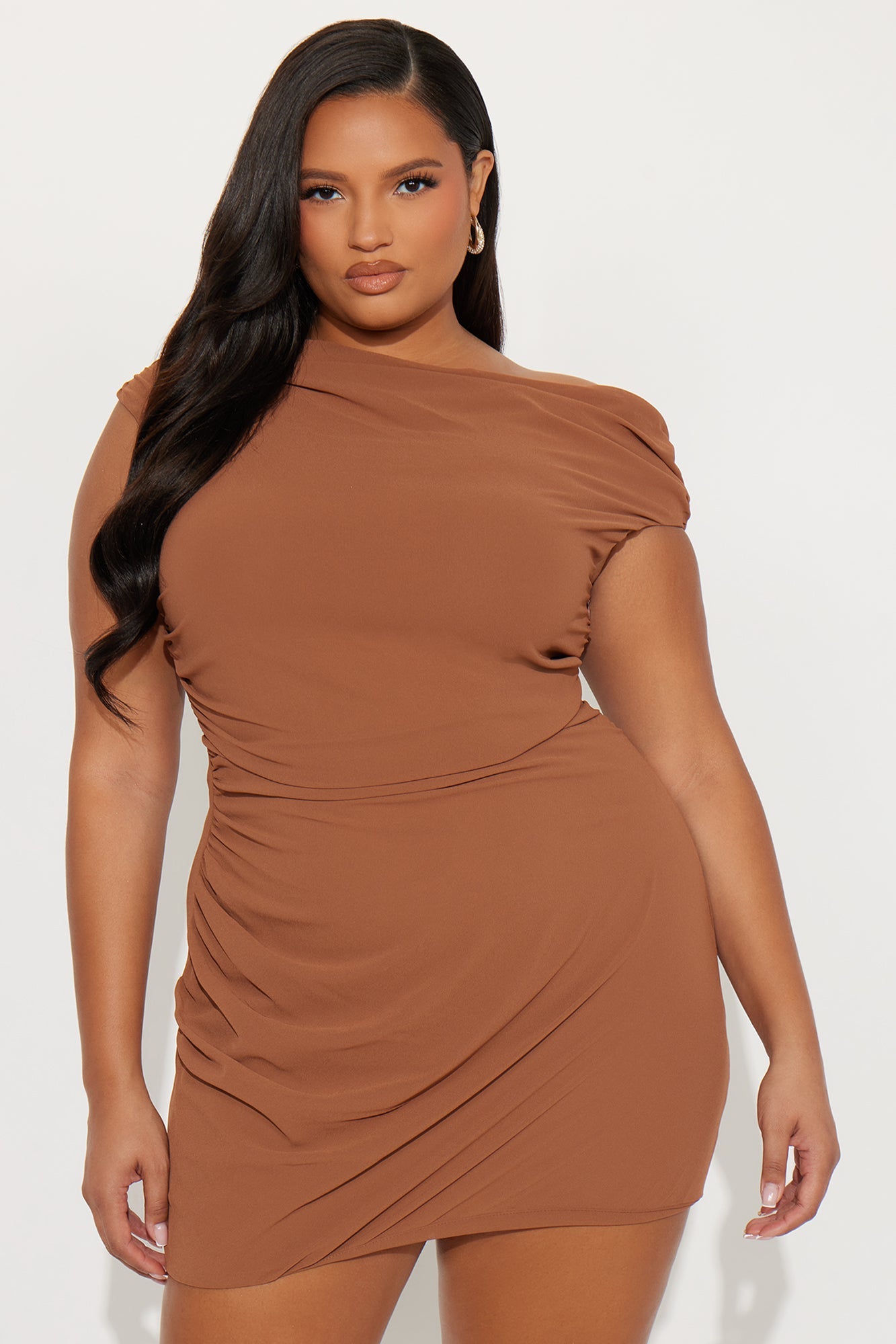 Clarissa One Shoulder Chiffon Mini Dress - Mocha