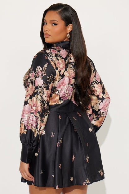 Maribelle Floral Satin Mini Dress - Black/combo