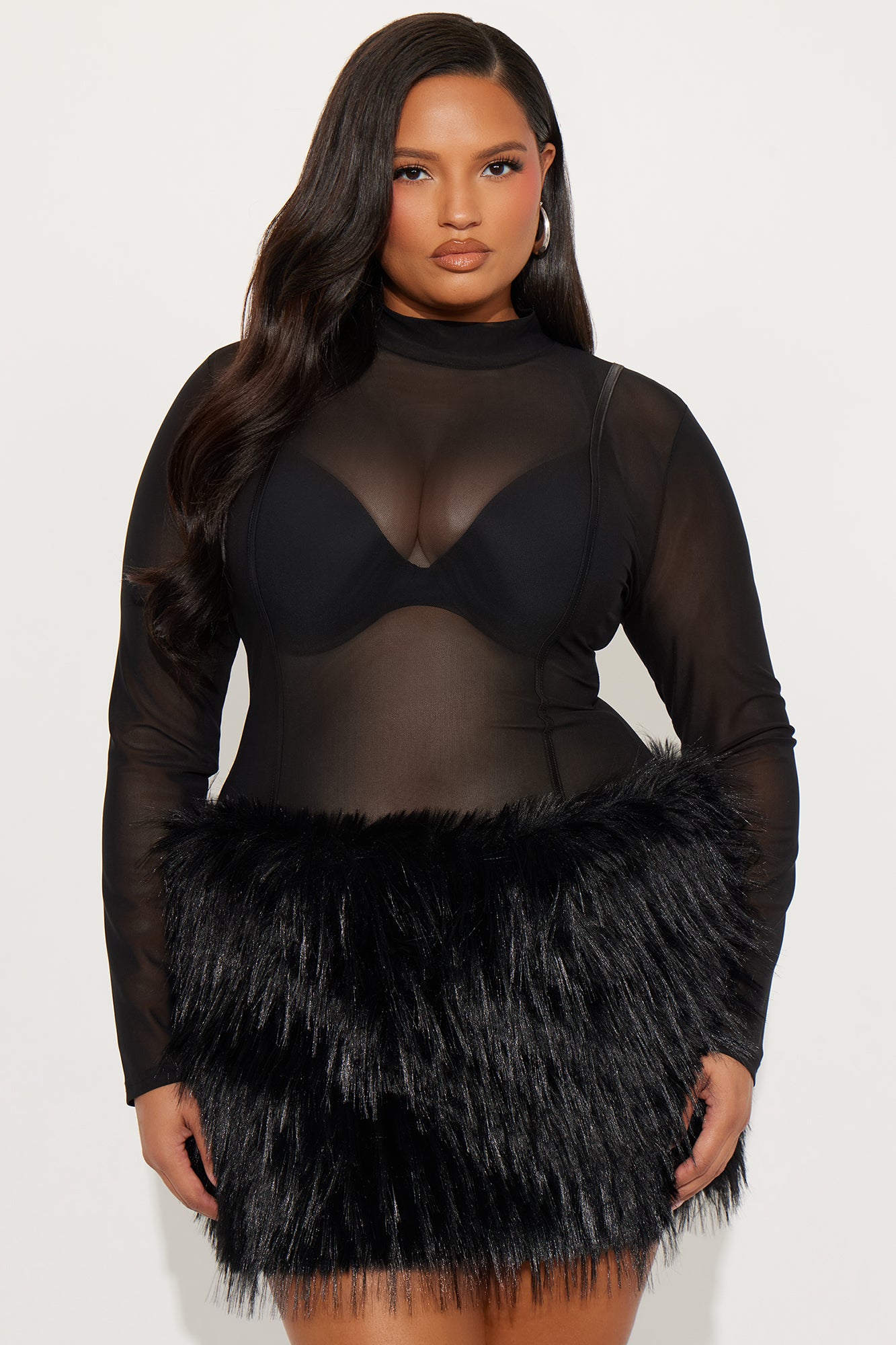 Pour It Up Faux Fur Mesh Mini Dress - Black
