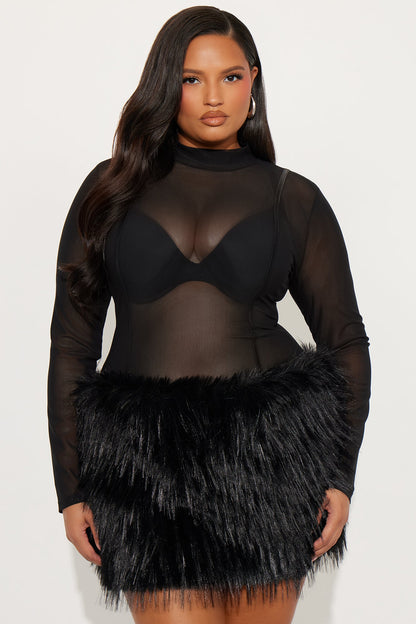 Pour It Up Faux Fur Mesh Mini Dress - Black