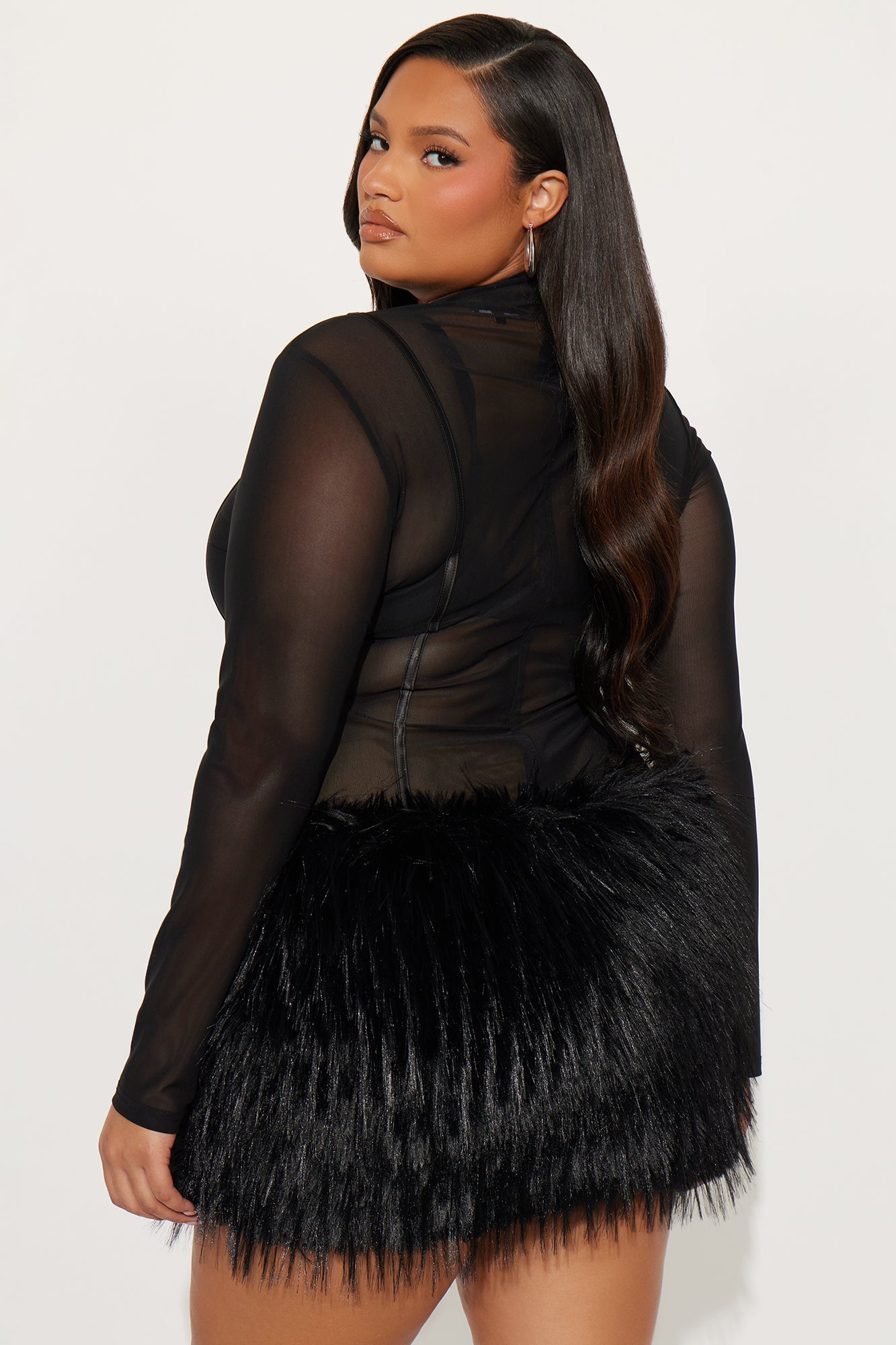 Pour It Up Faux Fur Mesh Mini Dress - Black
