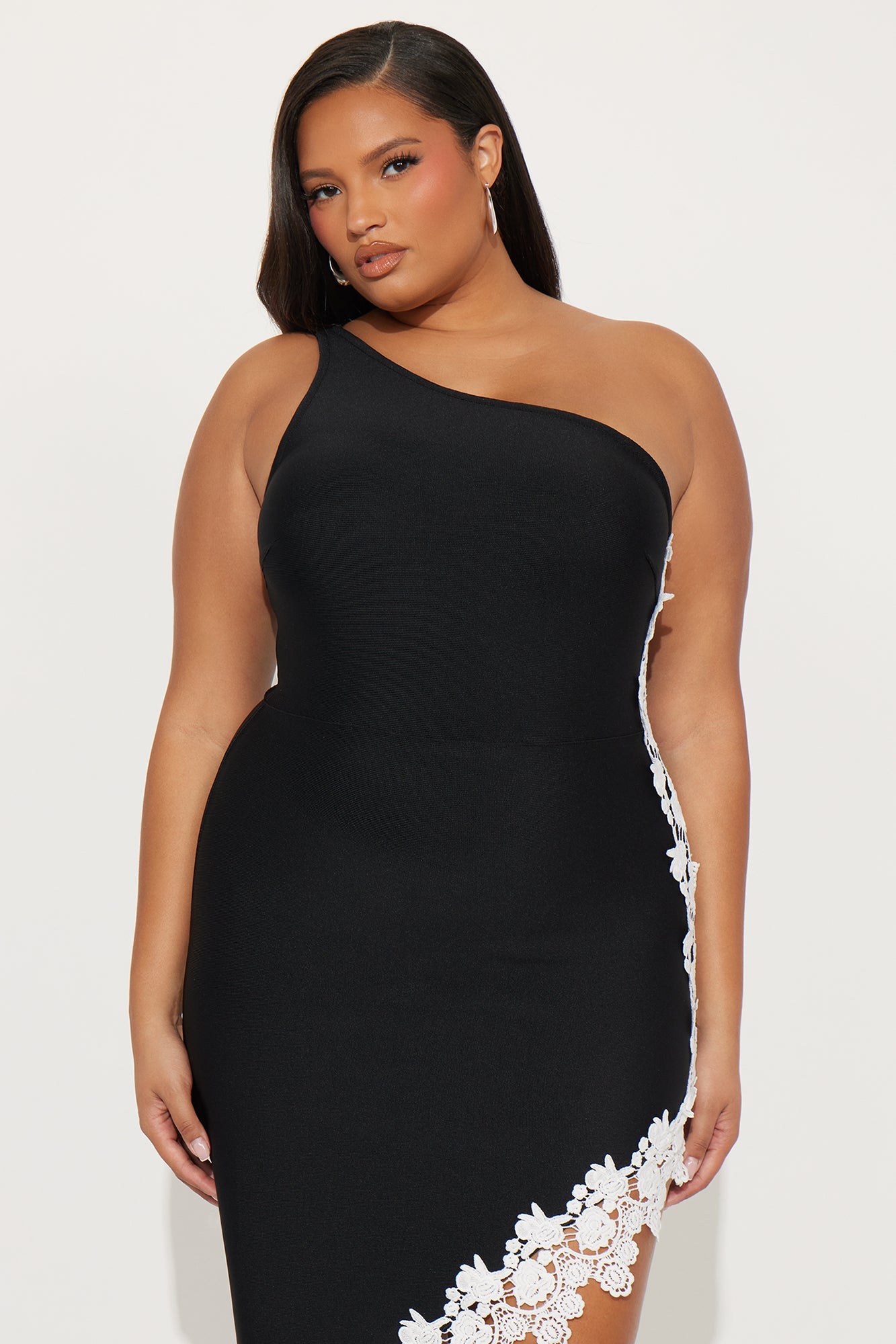 Hila Lace Trim Asymmetrical Bandage Midi Dress - Black/White