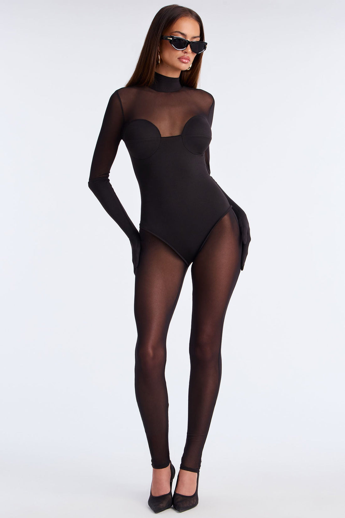 For The Night Solid Mesh Jumpsuit - Black