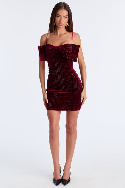 Bow It Up Rhinestone Velvet Mini Dress - Wine
