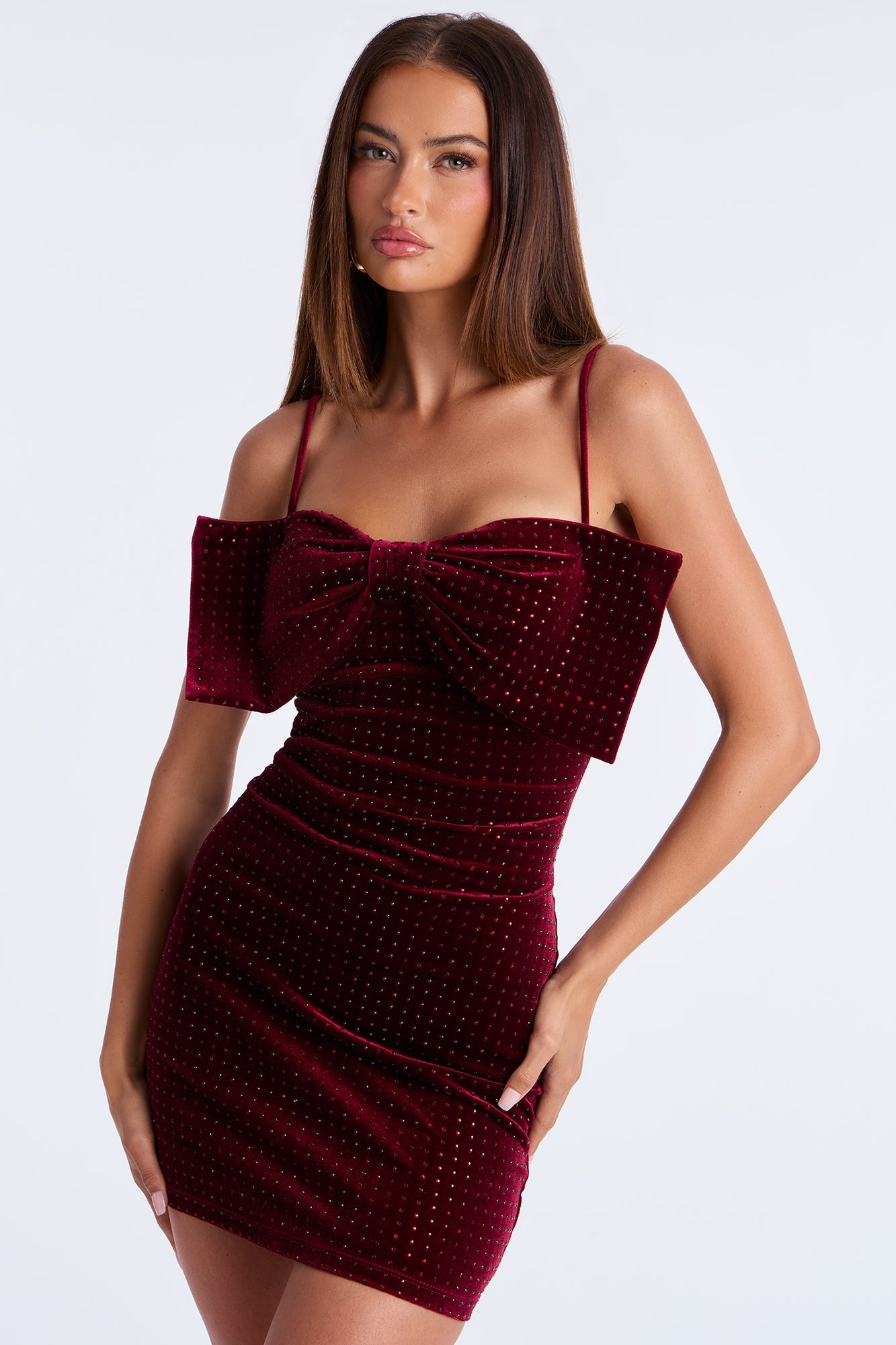 Bow It Up Rhinestone Velvet Mini Dress - Wine