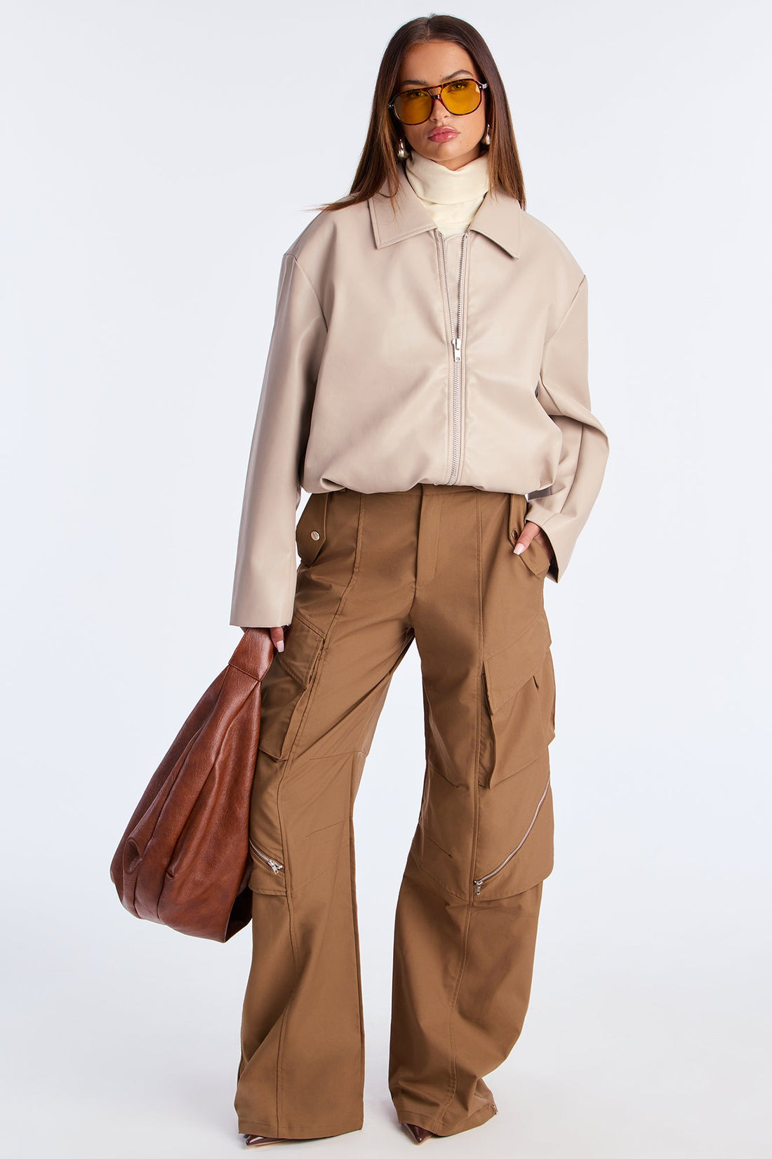 Iman It Girl Faux Leather Bomber Jacket - Taupe