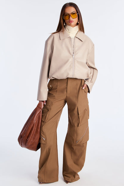 Iman It Girl Faux Leather Bomber Jacket - Taupe