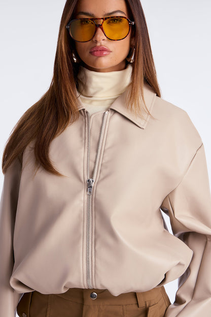 Iman It Girl Faux Leather Bomber Jacket - Taupe