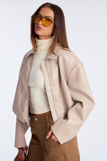 Iman It Girl Faux Leather Bomber Jacket - Taupe