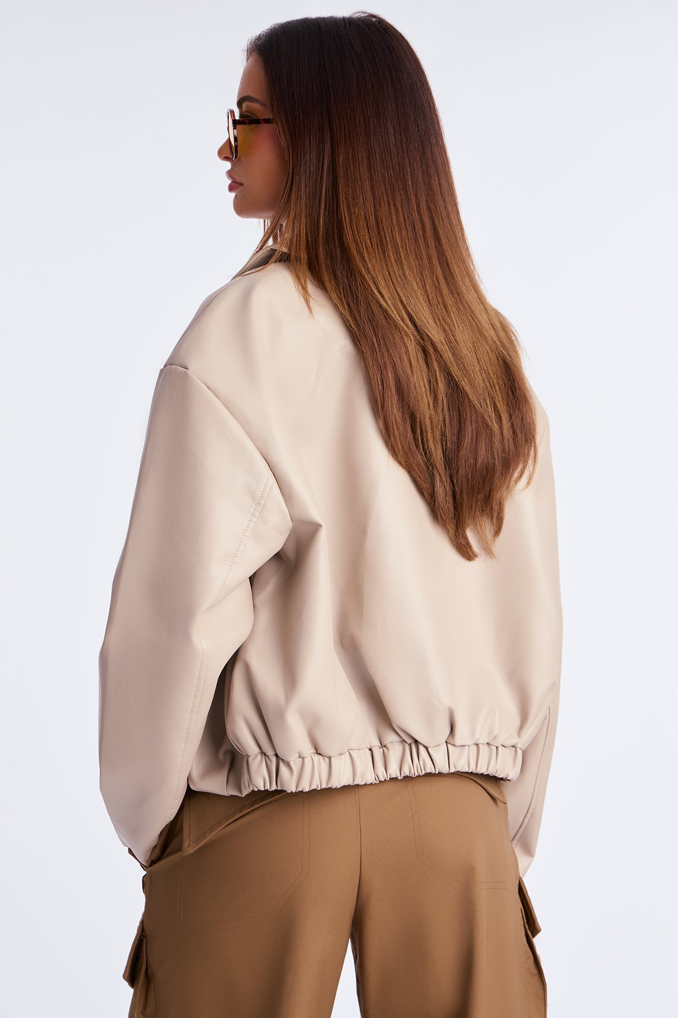 Iman It Girl Faux Leather Bomber Jacket - Taupe