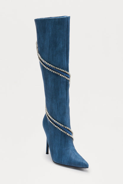 Brant Rhinestone Trim Boots - Denim
