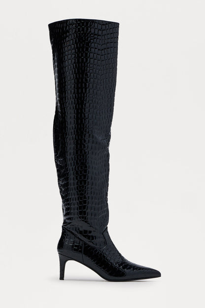 Snappy Croc Thigh High Boots - Black